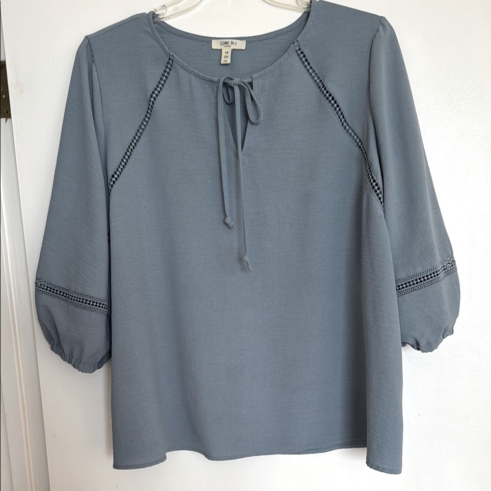Como Blue Soft Blue Blouse with Tie Neck. Xl
